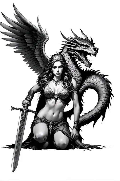 valkyrie with wings and a sword through a skull. on her knees. next to a dragon . forearm  tattoo design idea