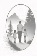 father in the middle holding hands with two small girls walking down the road with forest and cliffs in background tattoo design idea