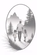 father in the middle holding hands with two small girls walking down the road with forest and cliffs in background tattoo design idea