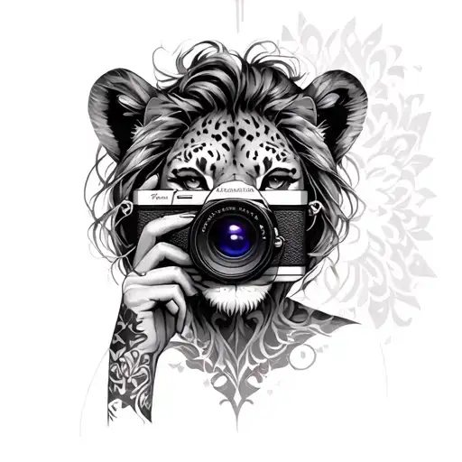 Louis Vuitton pattern incorporated, black women with camera with a Leo lion aura  tattoo design idea