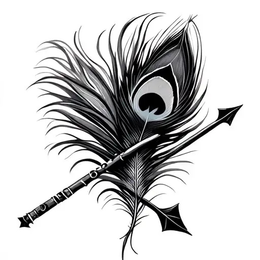 arrow with peacock feather and flute tattoo design idea