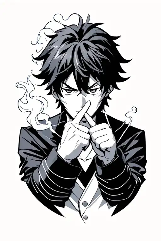 The anime character Shikagaru Nara who smokes and shows the hand sign of two bent fingers on him fist and is nervous. tattoo design idea