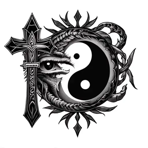cross and fleur-de-lis and scorpio and eye of Horus and Yin Yang tattoo design idea