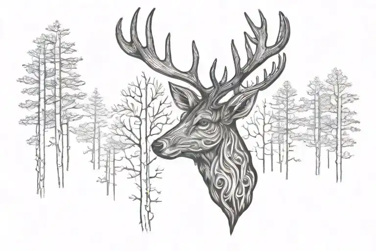 deer head with trees tattoo design idea