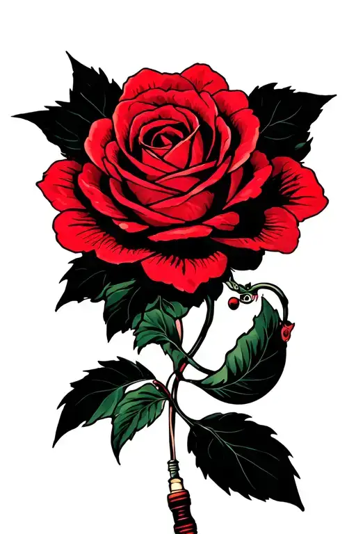fishing pole with a red rose wrapped around it tattoo design idea