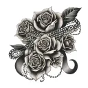 a garter belt intertwined with trible and roses  tattoo design idea