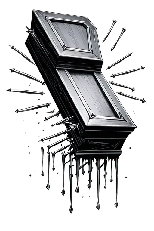 Coffin with nails levitating above above the edge of the lid tattoo design idea