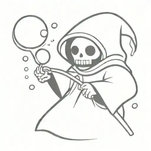 grim reaper holding a teddy bear surrounded by bubbles tattoo design idea