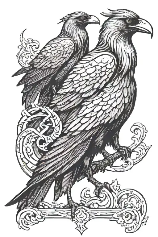 Two black ravens, one in full body at the top and the other in profile at the bottom, both with red eyes. A Viking ship  tattoo design idea