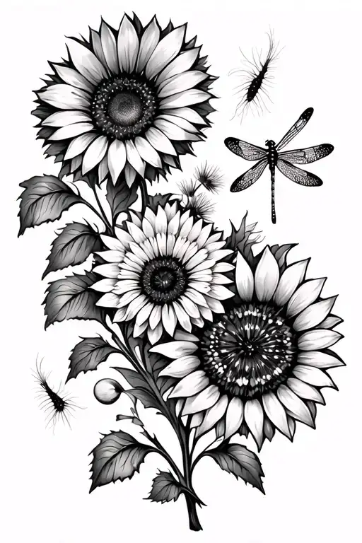sunflowers, dragonflies, dandelion seeds tattoo design idea