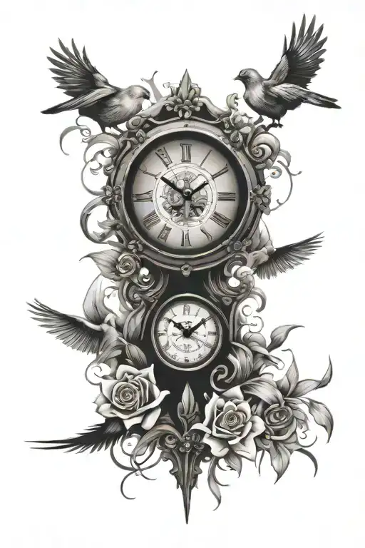 clock, compass, skulls, lilies, crows, and doves tattoo design idea