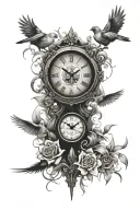 clock, compass, skulls, lilies, crows, and doves tattoo design idea