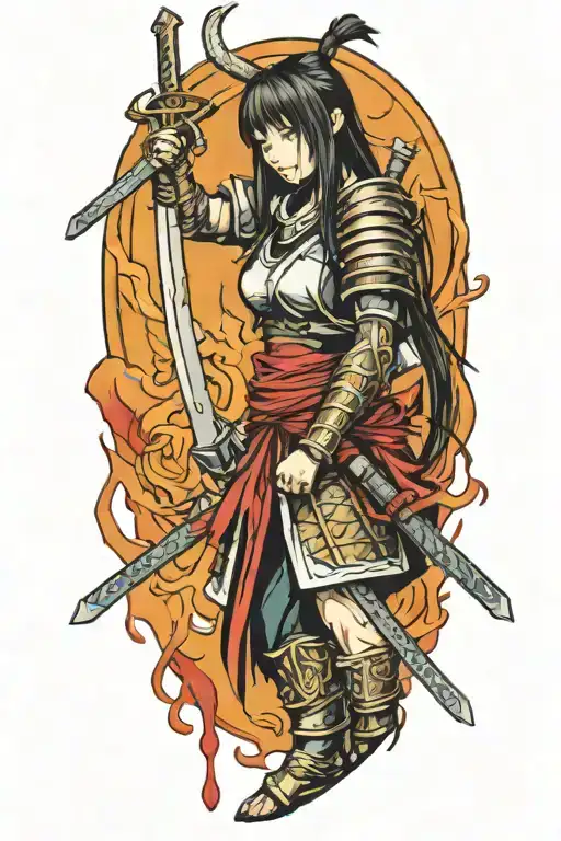 Half-body samurai girl in dark souls style blood dripping tattoo design idea