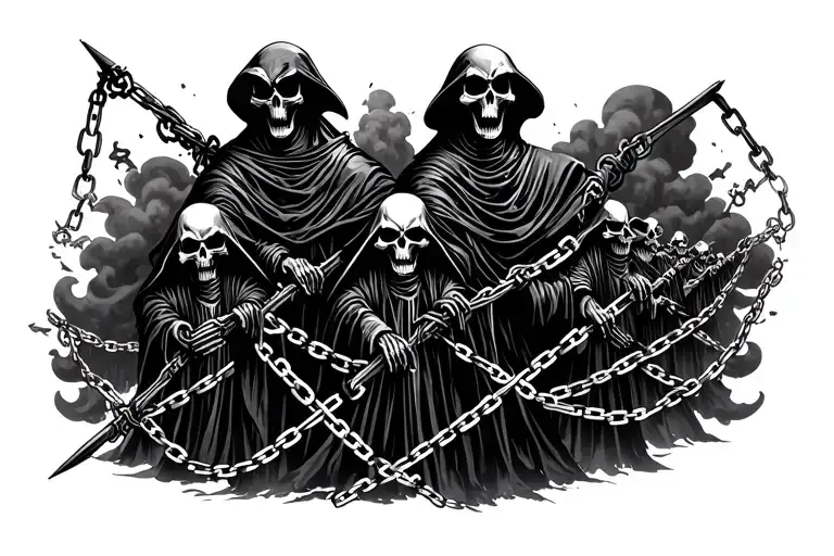 very unlcear and distressed simple army of grim reapers. chains connecting them. with black distressed clouds behind tattoo design idea