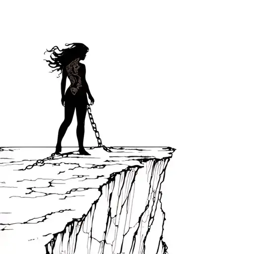 Picture the silhouette of a woman standing on a cliff with the wind in her hair.Around her ankle — a broken chain, with tattoo design idea
