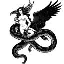 goddess holding snake. riding eagle. tattoo design idea