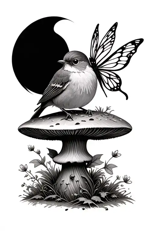 robin bird with a fairy sitting on a mushroom tattoo design idea