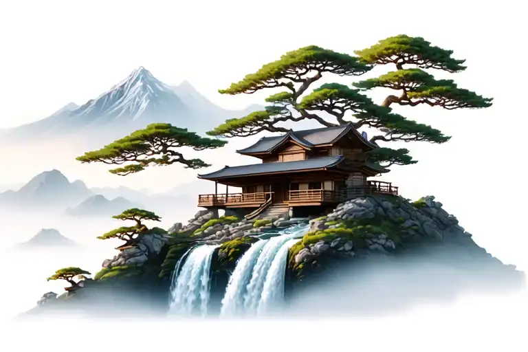 mount paozu with a japanese house on the top of the mountain, a large waterfall and many bonsai trees tattoo design idea