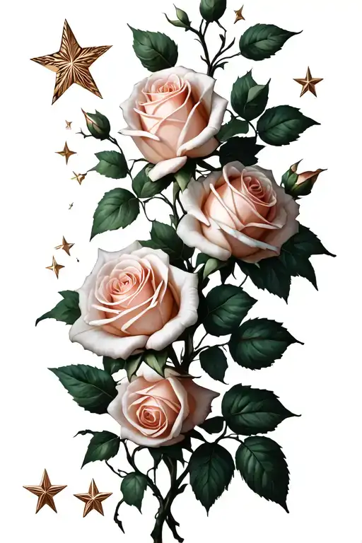 roses and stars connected by stems to make it look like vines tattoo design idea