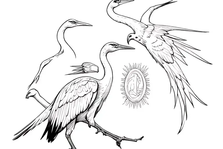 Cranes 2 on the chest a stone from the Greek antiquity a sun and gap filler tattoo design idea