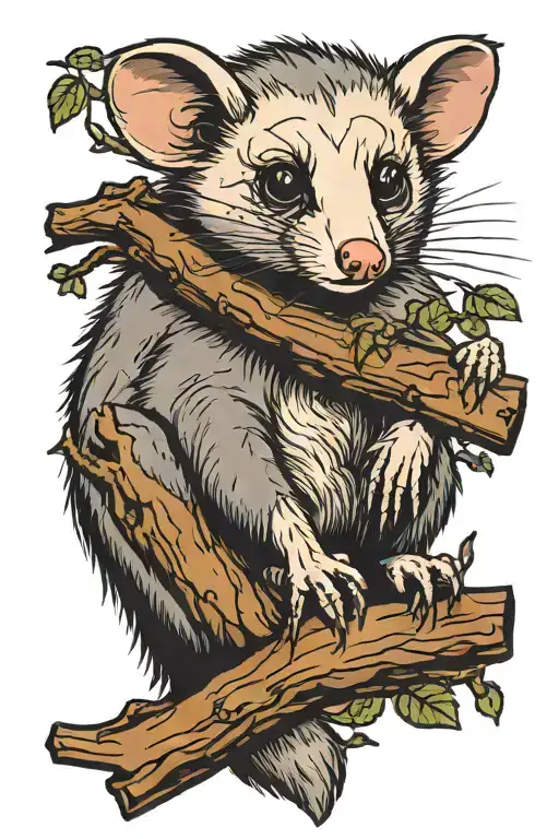 Traditional tattoo style of an opossum sitting on a branch. The opossum has large, expressive eyes with dark pupils and  tattoo design idea