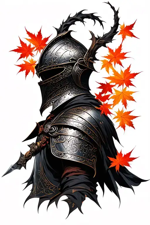 dark souls style knight helm with flowing Japanese maple leaves falling for the forearm tattoo design idea