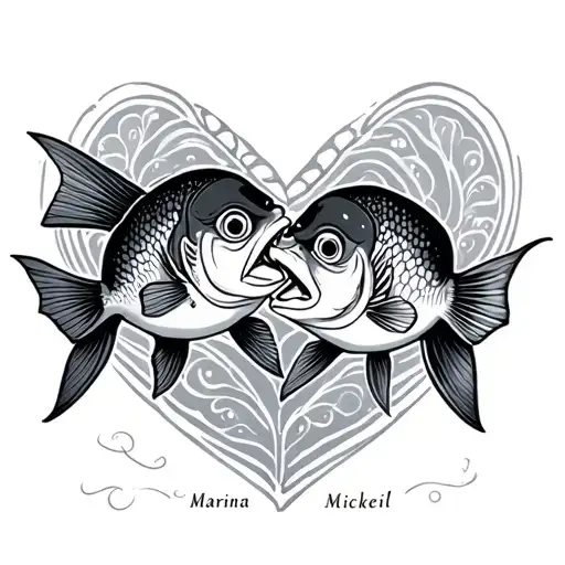 fish love and name marina et Mickaël tattoo design idea