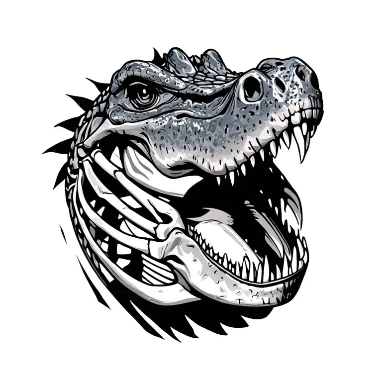 alligator head and back skeleton tattoo design idea