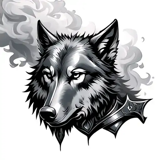 Templar knight under a wolf head with smoke effects tattoo design idea