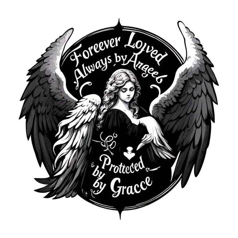 бабочка на спине у девушки и надпись forever loved by angels always protected by grace tattoo design idea
