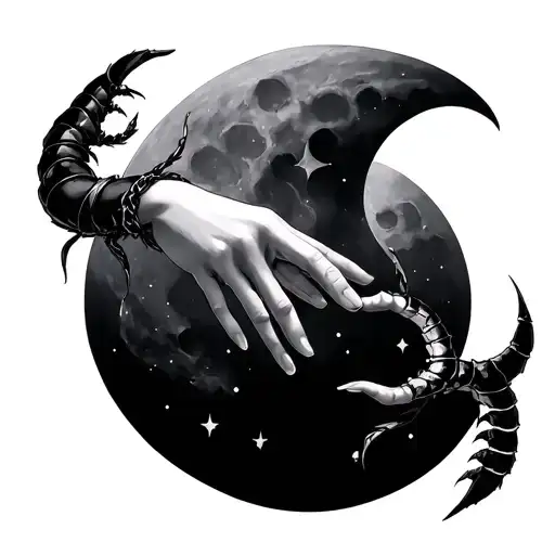 2 hands reaching toward each other across a crescent moon — one hand adorned with a Scorpio tail bracelet and the other tattoo design idea