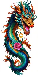 Left arm Eastern dragon body with kaido dragon head nd colors. Spiral up arm and rose fine opposite direction of chakras tattoo design idea