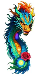 Left arm Eastern dragon body with kaido dragon head nd colors. Spiral up arm and rose fine opposite direction of chakras tattoo design idea
