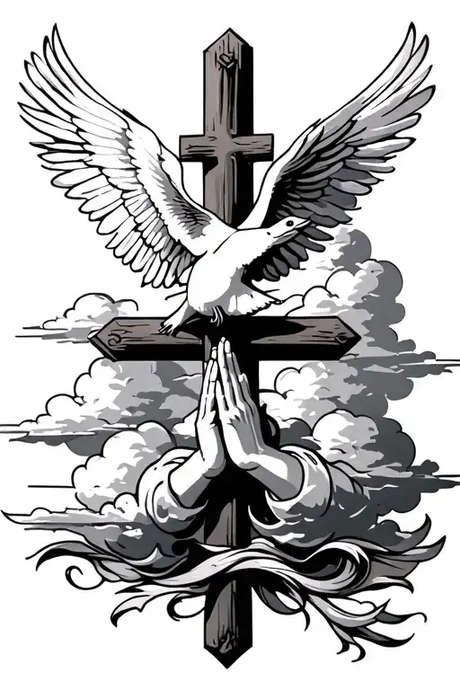 cross with clouds and a dove with praying hands tattoo design idea