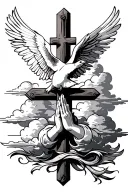 cross with clouds and a dove with praying hands tattoo design idea