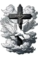 cross with clouds and a dove with praying hands tattoo design idea