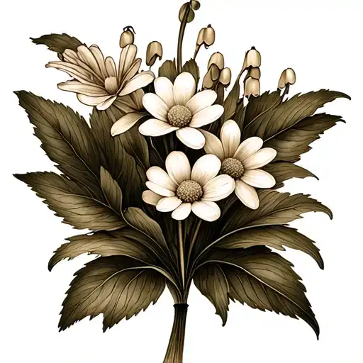 lily of the valley, forget me not, daisy fine line sepia watercolor floral design tattoo design idea