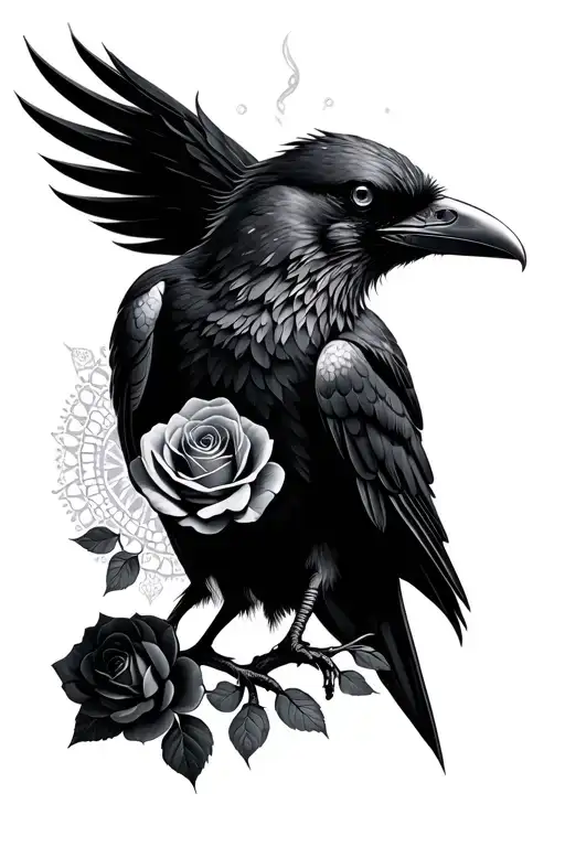 Raven with black and grey roses and a mandala at the top  tattoo design idea