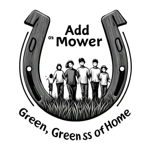 "Add "Mower" on the top" Writing that says "Green, Green Grass of Home" in the shape of a horseshoe with a family of 5 in the middle tattoo design idea