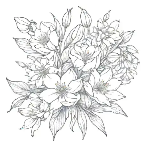 Snow drop, Sakura, daisy, tulip, water lily, morning glory, aster, poppy, peony bouquet tattoo design idea