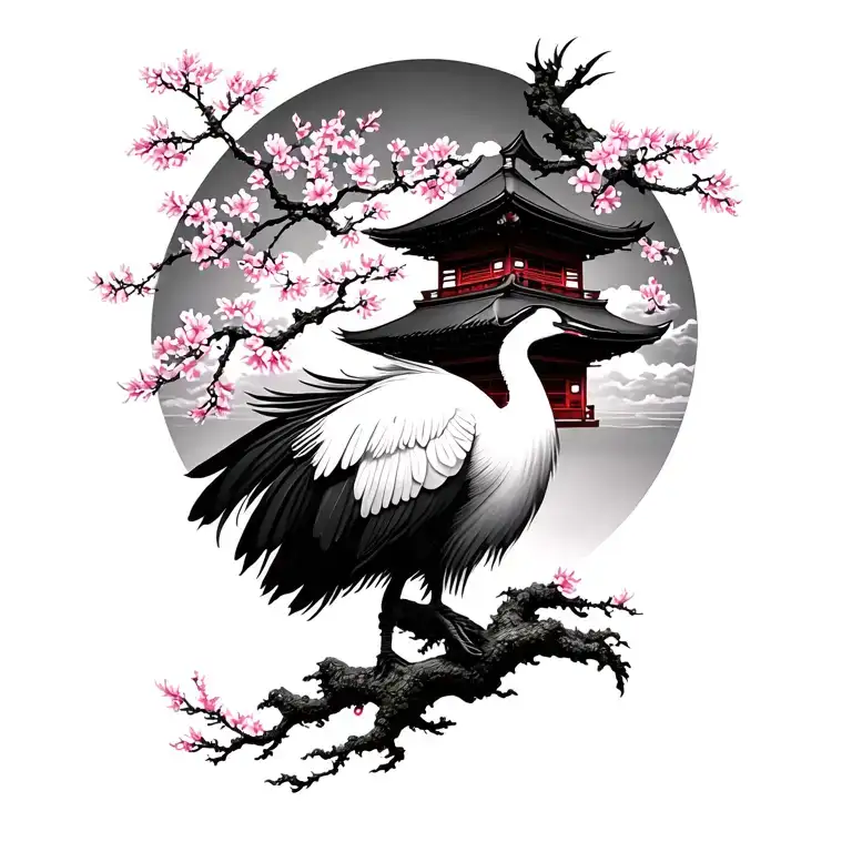 Japanese temple crane water cherry blossom tree tattoo design idea