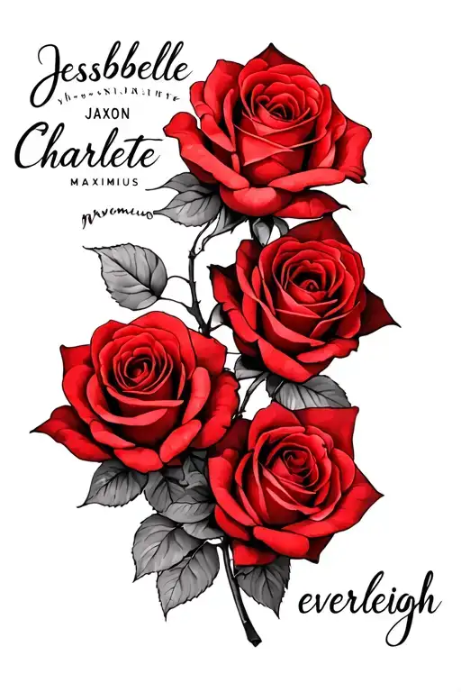 6 red roses with names (Jessabelle, Charlotte, Jaxon, Maximus, everleigh) as the vine tattoo design idea