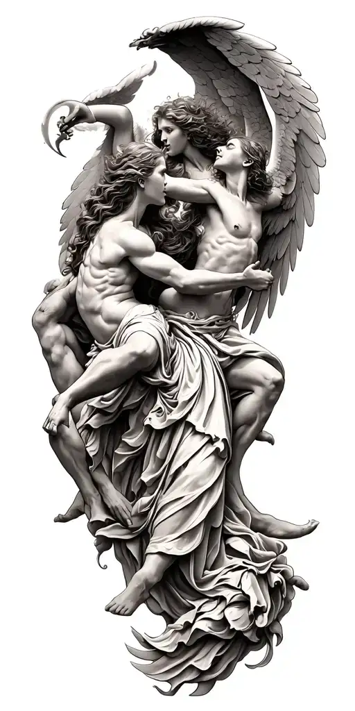 heaven vs hell theme with angels and demons fighting tattoo design idea