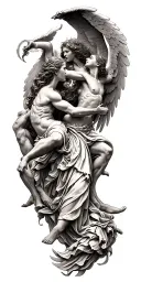 heaven vs hell theme with angels and demons fighting tattoo design idea