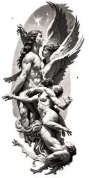 heaven vs hell theme with angels and demons fighting tattoo design idea