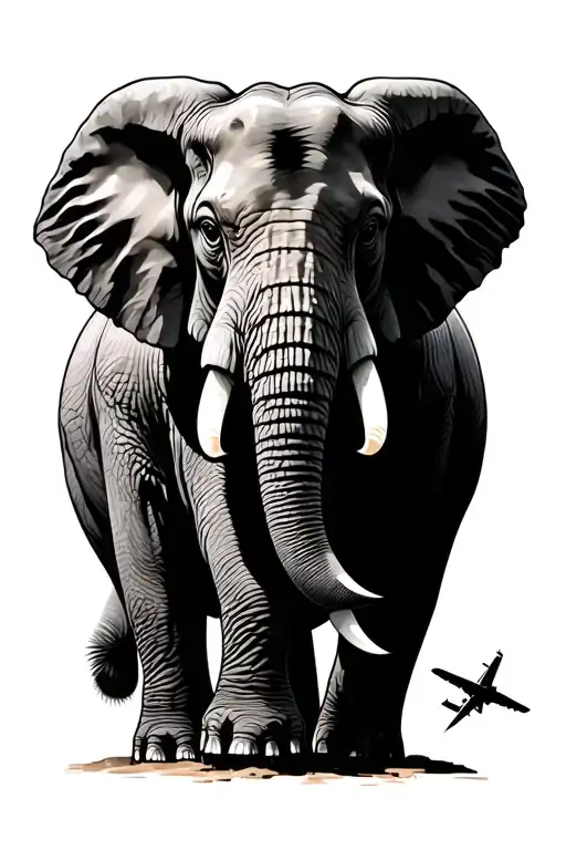 plane flying over a large elephant tattoo design idea