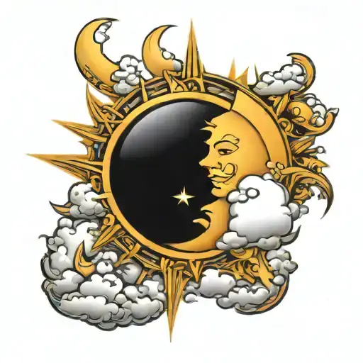 sun and moon with clouds surrounding tattoo design idea