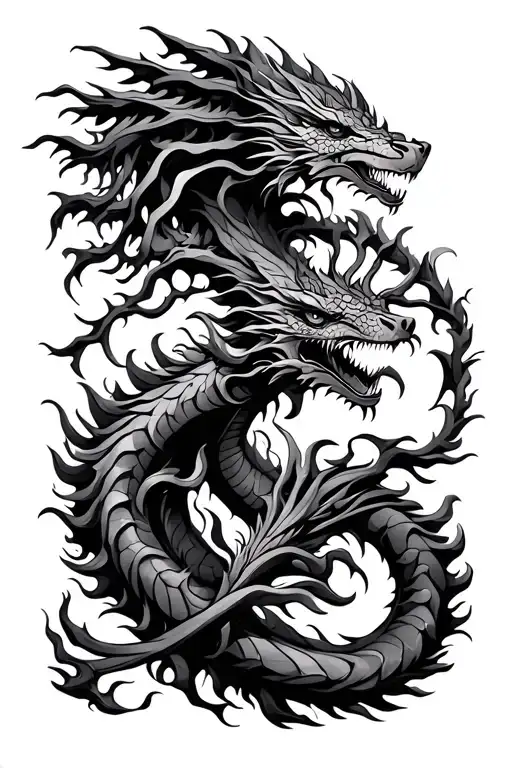 tribal design including army elements, tree of life, dna strand, dragons for woman tattoo design idea