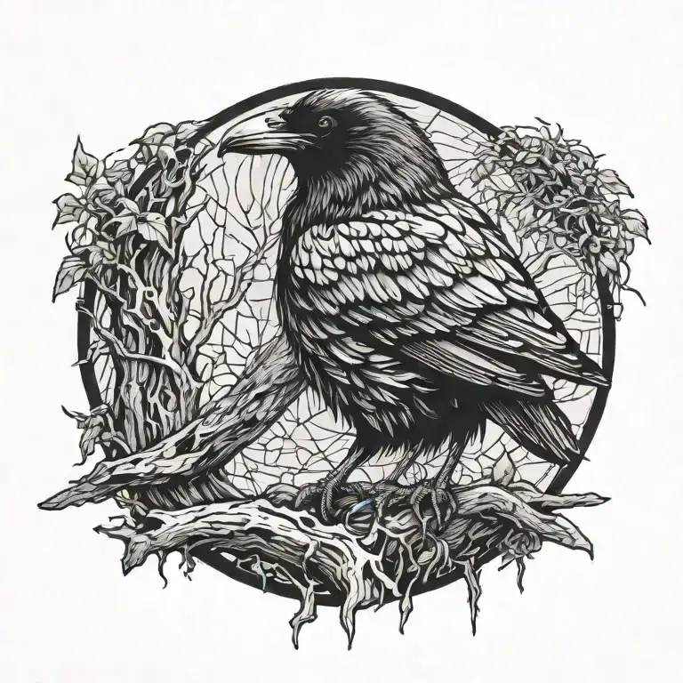 Cyberpunk raven setting on tree bark tattoo design idea
