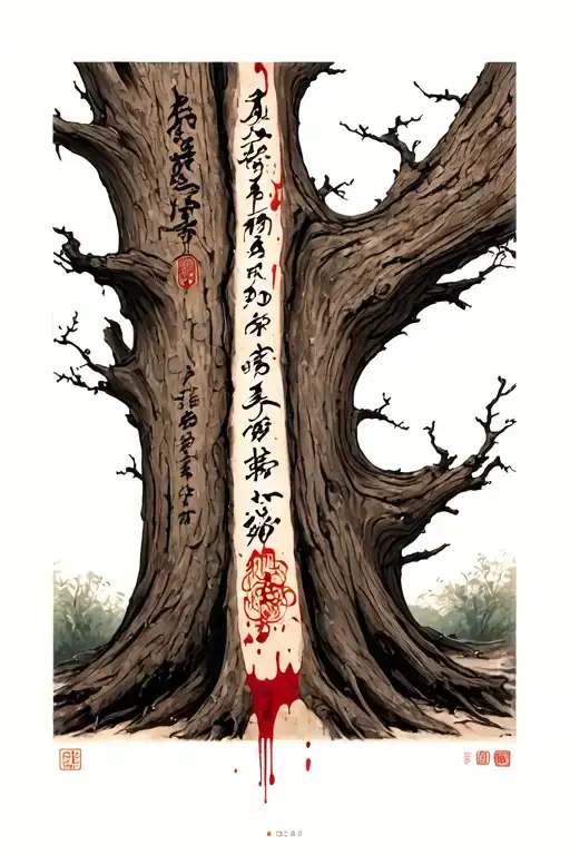 a vertical gaijin inscription carved on an old tree and there are traces of blood on top of the inscription. only the ve tattoo design idea